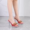 Fashion 12cm Chunky Heels Crystal Square Toe Women's Slippers for Nightclub Sexy Car Model Transparent with Slip-resistant Water Drill