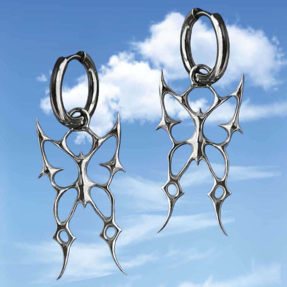 Gothic Punk Silver Color Hollowed-out Thorn Swallowtail Butterfly Pendant Hoop Earrings for Men Women Couples Halloween Jewelry