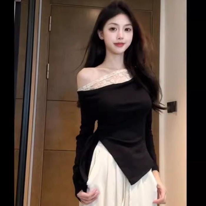 2024 Autumn Off-Shoulder Lace Patchwork Slimming Long-Sleeve Top