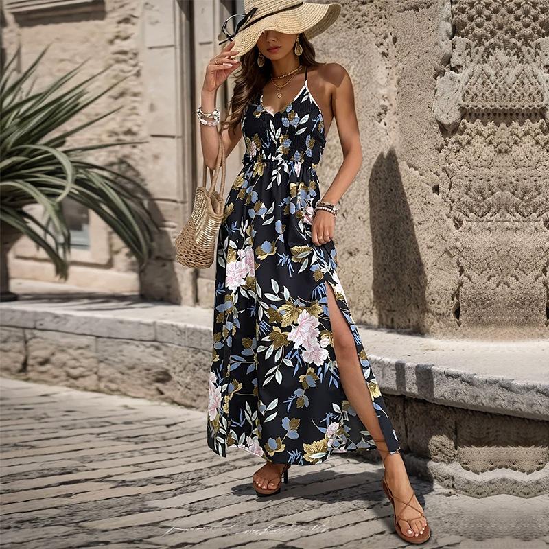 Vacation Casual Suspender Long Skirt Sexy Elegant V-neck Floral Dress