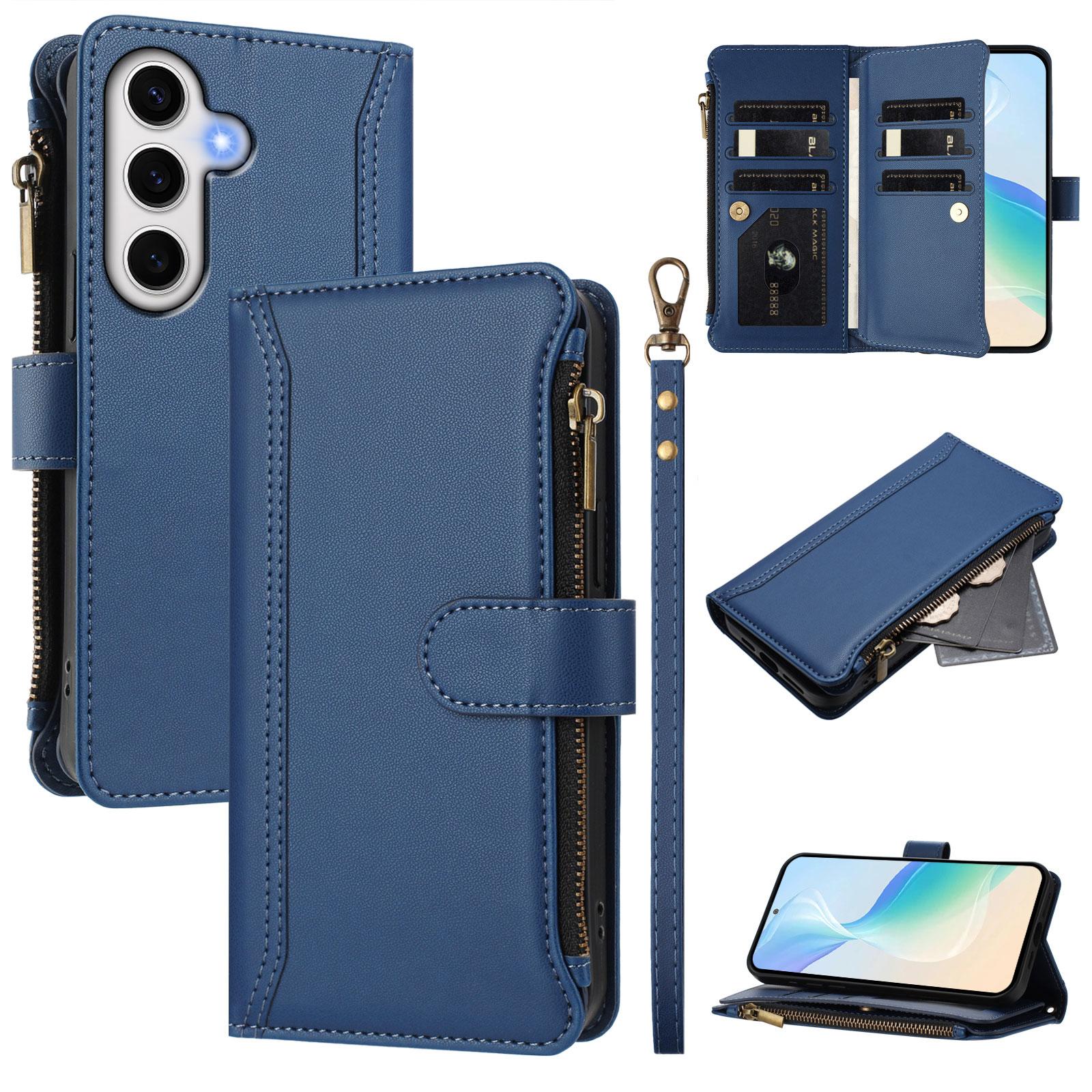 

For Samsung Galaxy S24 FE Leather Case 9 Card Slots Zipper Wallet Stand Phone Cover with Wrist Strap Dark Blue