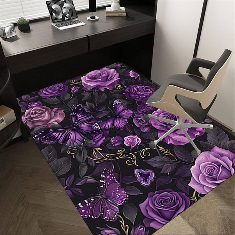 1PC Purple Roses Butterfly Non-Slip Floor carpet, Office, family, bedroom, Studio - Large Area Rug, Vibrant Colors-C0463