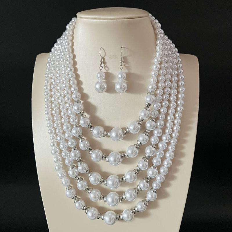 Elegant Multilayer Simulated Pearls Necklace And Earrings Set For Women Long Necklace Fashion Jewelry A5