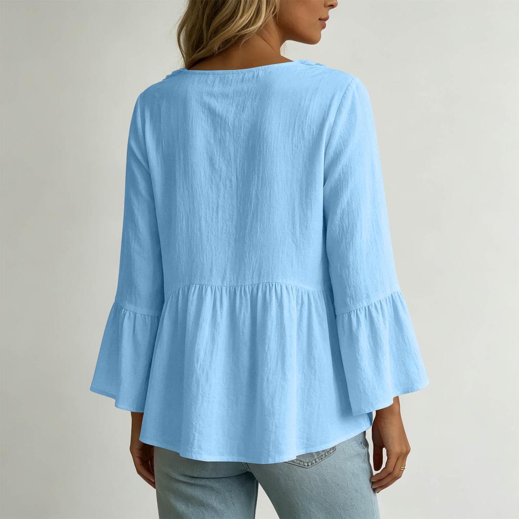 Women's Color V-Neck Ruffled Cotton-Linen Top for Casual Everyday Wear