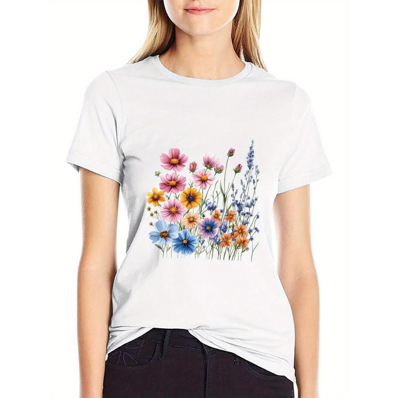 Women's Oversized Short Sleeve T-Shirt - White with Multicolor Pastel Floral Print Loose Fit Casual Top, Round Neck