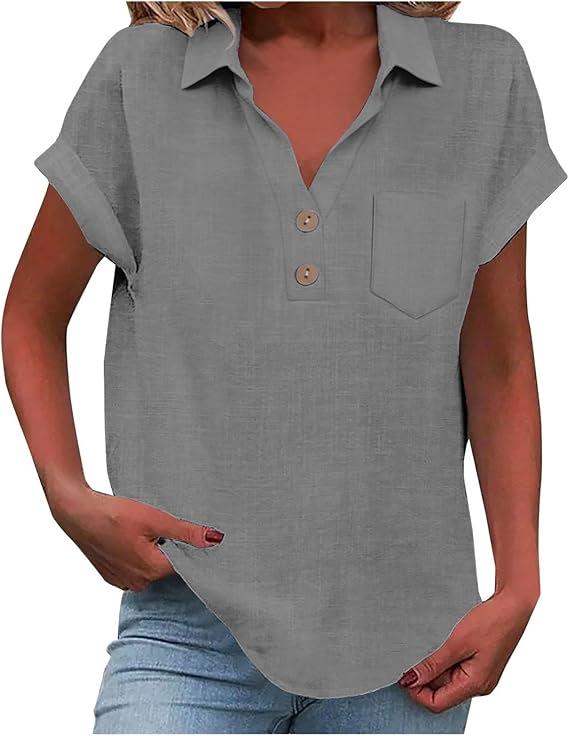 European Women's Cotton Linen Short Sleeve Lapel Button Shirt
