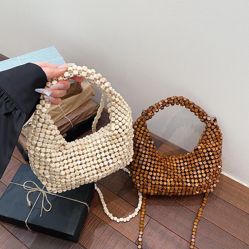 Holzperlen gewebte Knödeltasche Damen Sommer handgefertigt Umhängetasche lässige Strandtasche minimalistisches Design Reisehandtasche