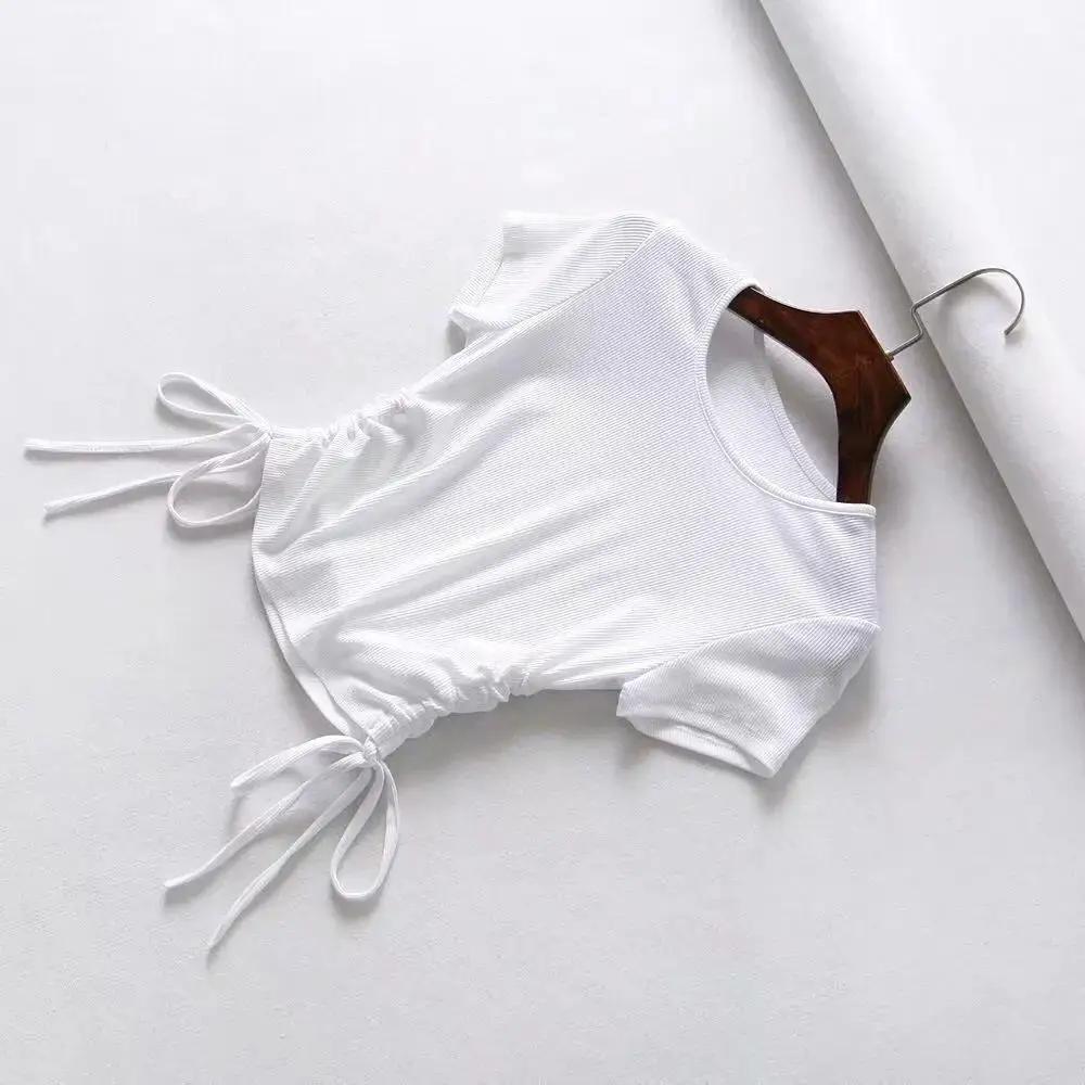 

Pure Color Sexy Drawstring Women s Short-sleeved Round Neck Short Slim-fit Hem T-shirt Bottoming Shirt S белый