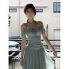 One-word Shoulder Vacation Style Thin Temperament Long Dress Female Slim Mesh Mint Waist Dress