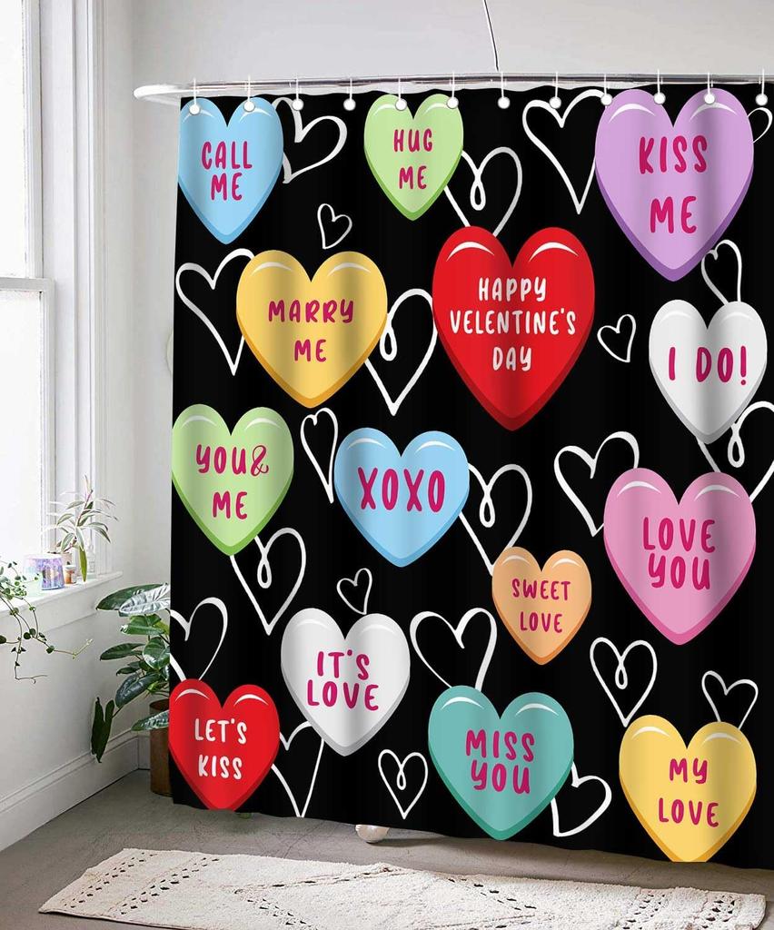 Glad Alla hjärtans dag Söt Duschdraperi för Flickor Älska Mig Kyss Mig Röd Svart Kärlekshjärtan Romantiskt Duschdraperi Set Dekor