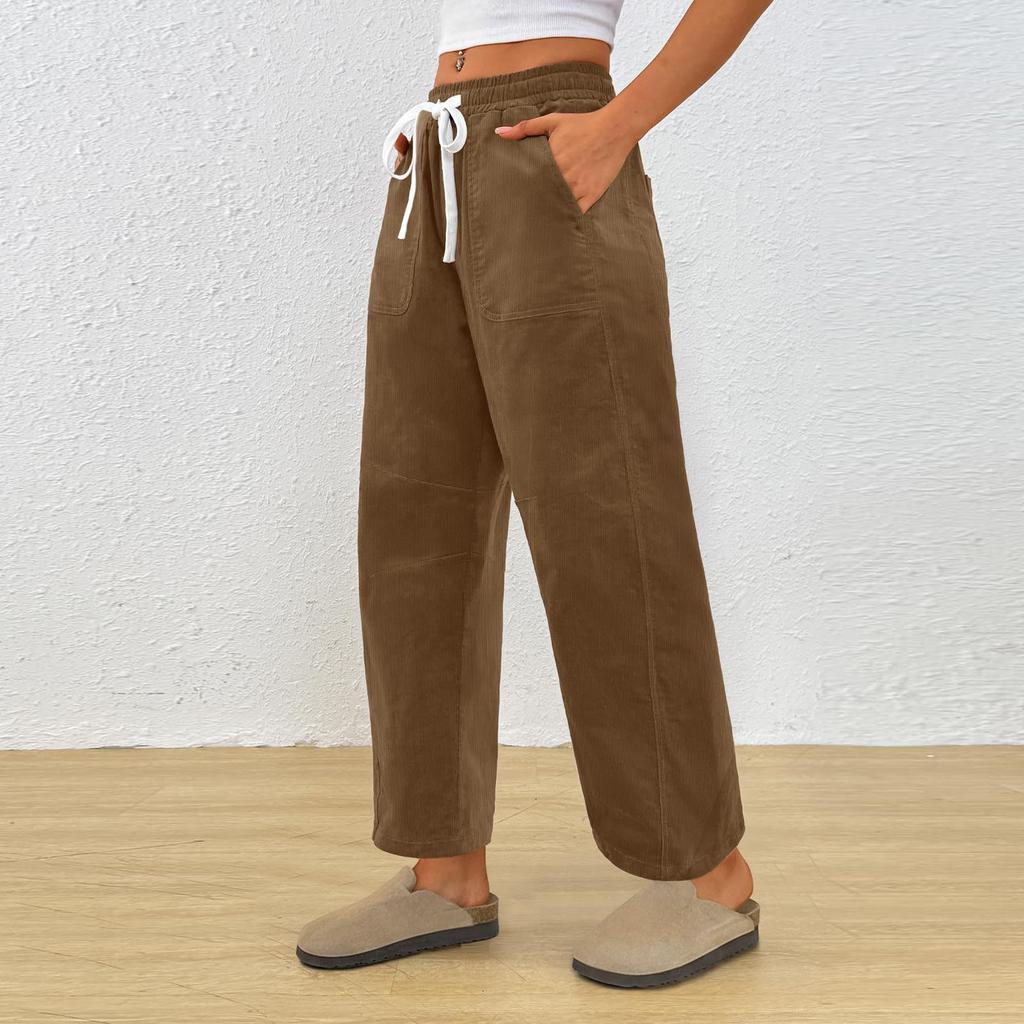 Women's Casual Fashion Solid Color Elastic Waist Drawstring Pockets Wide Leg Straight Pants