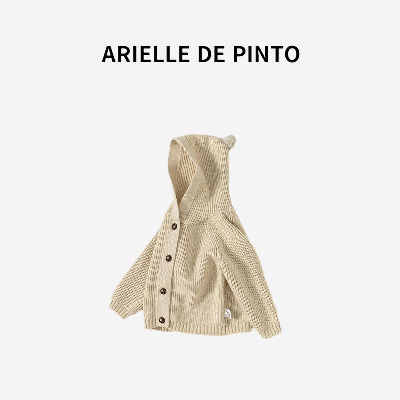 French Arielle De Pinto Sweater Spring and Autumn Season Solid Color Hooded Knitted Cardigan Kidsren s Jacket for Boys and Girls Mustard Green 140cm