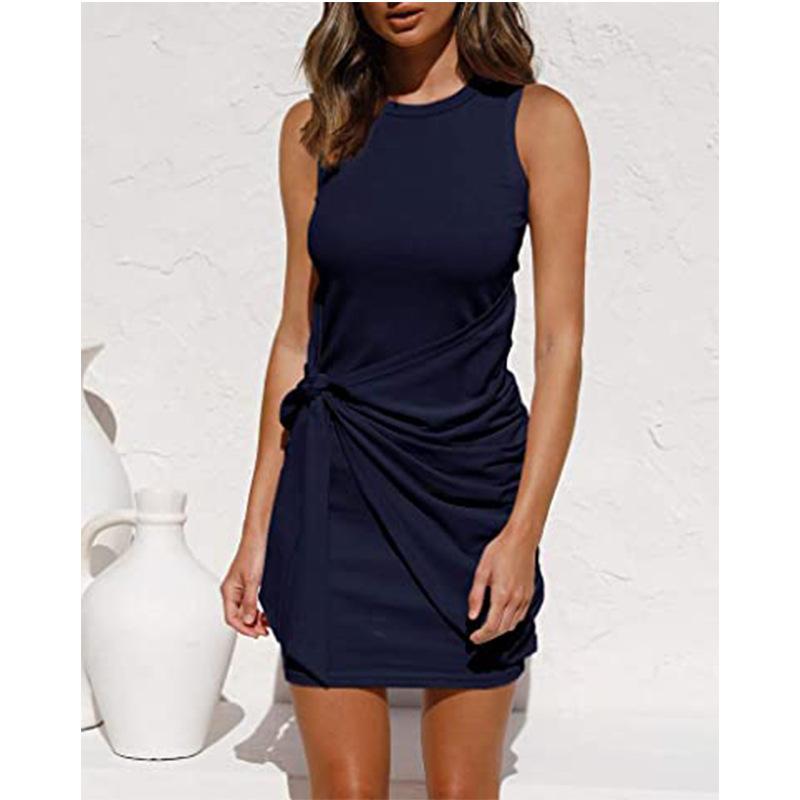 Women Sleeveless Round Neck Dress Pleated Bow Belt Irregular Hem Minimalist Elegant Chic Wear