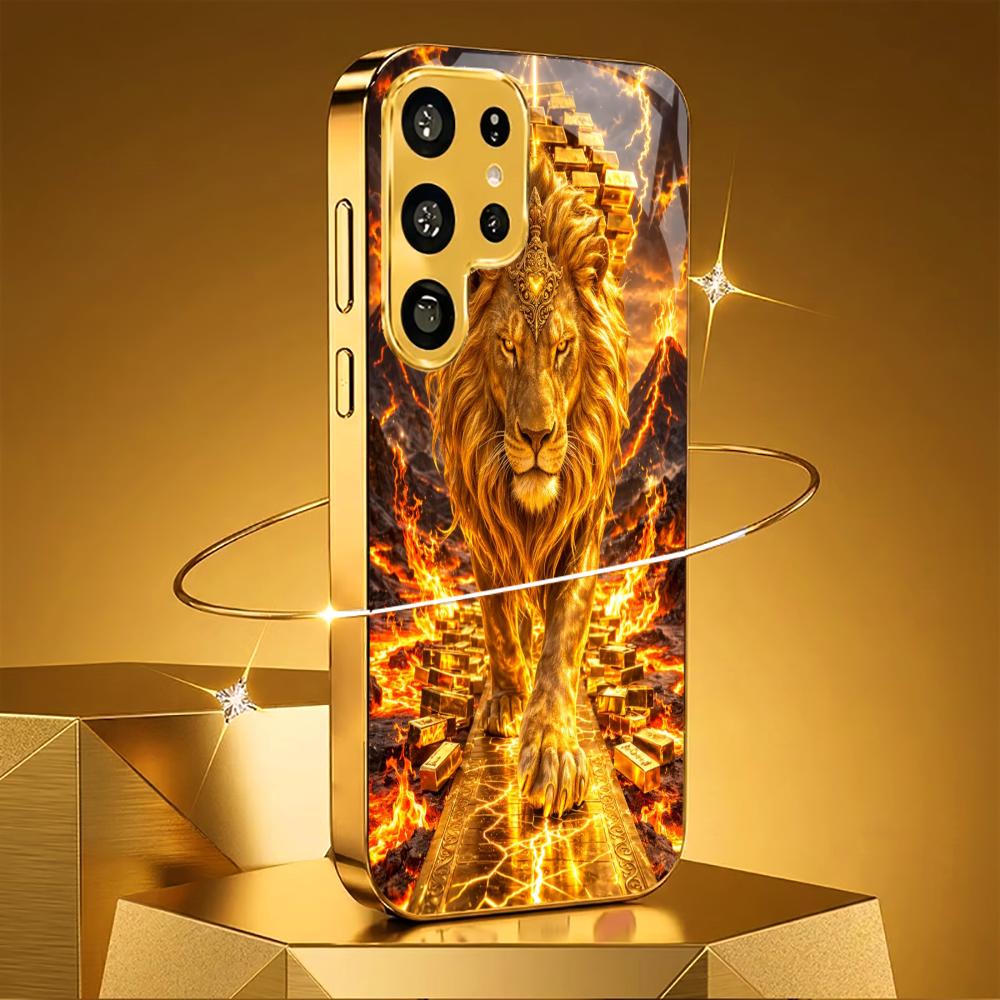 Gold King Lions High-end PhoneCase Electroplated Glass PhoneCase for Samsung Galaxy S26 S25 S24 S23 S22 S21 FE,Ultra,Plus