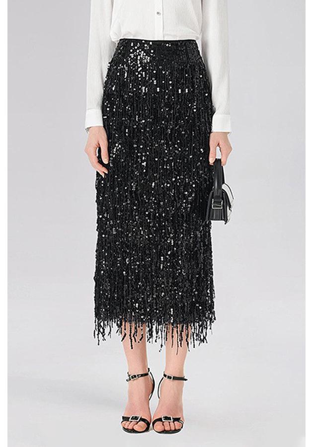 Women's Solid Color Sequin Tassel Long Pencil Skirt with Slit - European & American Fashion