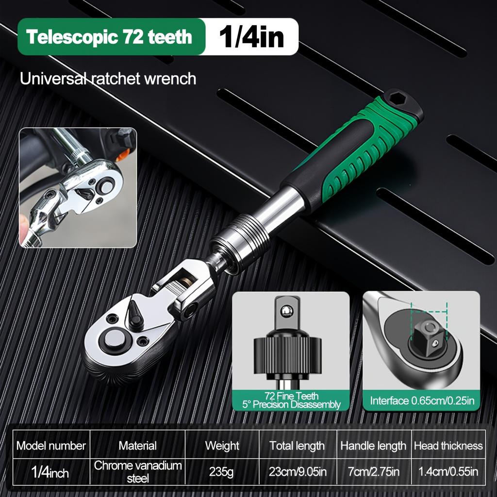 72-Tooth Ratchet Wrench Set, Chrome Vanadium Steel, Automatic Two-Way Mechanism, Stretchable, Ergonomic Grip, with Quick Socket