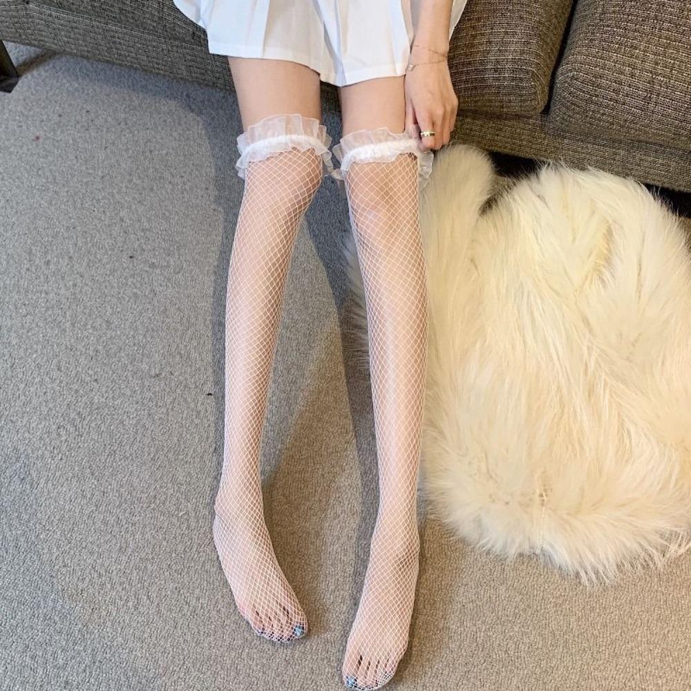 Mesh Stockings Black Lace Hollow Stockings Women's Thin Lolita Mesh Socks Black and White Lace Knee Socks