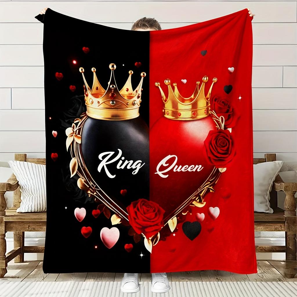 King Queen Crown Heart Throw Blanket Red Rose Romantic Couple Themed Art Decor for Sofa Bedroom Couch Blanket