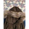 Winter American Vintage Fashion Harajuku Hooded Jacket Women Slim Brown Fur Collar Short Coat Casual Streetwear Chic Outerwear