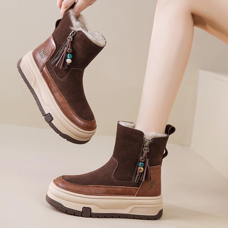 Winter new thick-soled waterproof leather boots, piled and thickened warm cotton shoes, genuine leather snow-soled boots for women