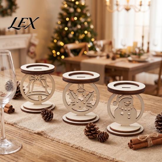 Small Candle Display Stand 3Pcs Christmas Wooden Holder, Detachable Tealight with Hollow Solid Wood Votive Carved Snowman/Bell/Candle Patterns, Rustic