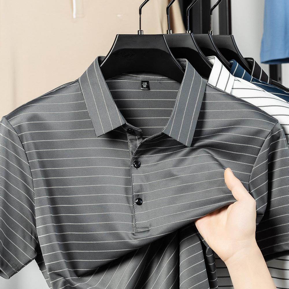 Mulberry Silk Short Sleeve T-Shirt Breathable Men'S Striped Lapel Polo Shirt Business Half Sleeve Top