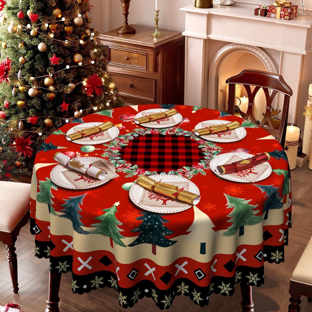 Christmas Round Tablecloth, Red And Green Christmas Tree + Snowflake Plaid Waterproof Dining Table Cloth, Household Party Coffee Table Cover Cloth