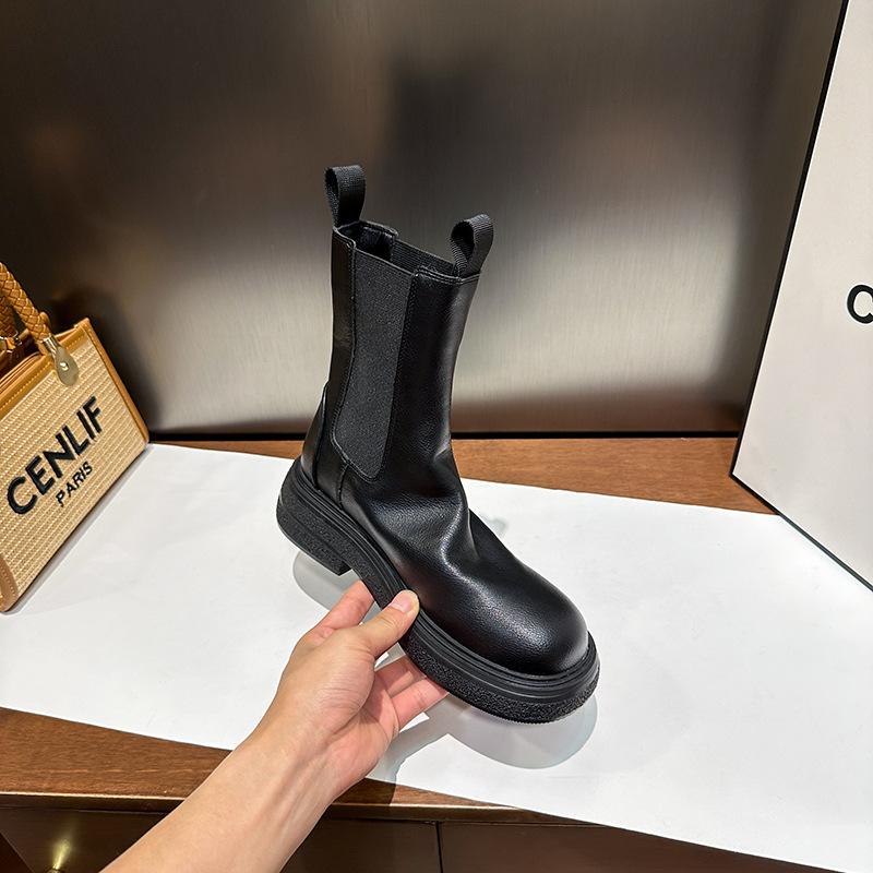 Stuiole pleated boots women's British platform mid boots autumn and winter cigarette boots