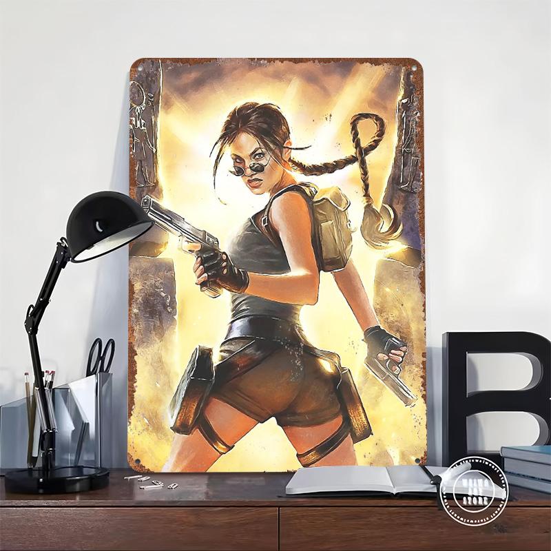 Lara Croft Tomb Raider Poster Customized Wall Art Vintage Metal Signs Retro Tin Plaque for Man Cave Bedroom Decorations Decor