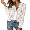 Fall Winter New Solid Color Crochet Hollow Out Long Sleeve Shirt, European American Style Elegant Stand Collar Flared Cuff Cardigan Blouse