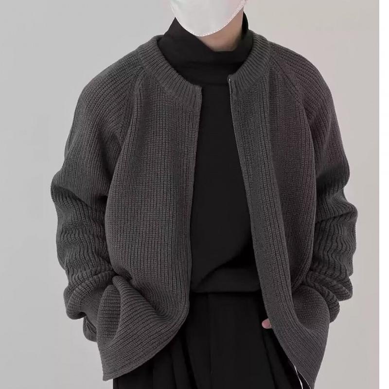 Unisex Navy Blue Jacket-Style Knit Cardigan - Japanese Niche, Autumn/Winter, Loose Fit, Round Neck Sweater Coat