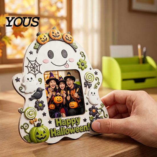 Seasonal Table Centerpieces Halloween Wooden Photo Frame, Cute Ghost Pumpkin Picture Vertical Display Stand Rustic Festive Holder for Holiday