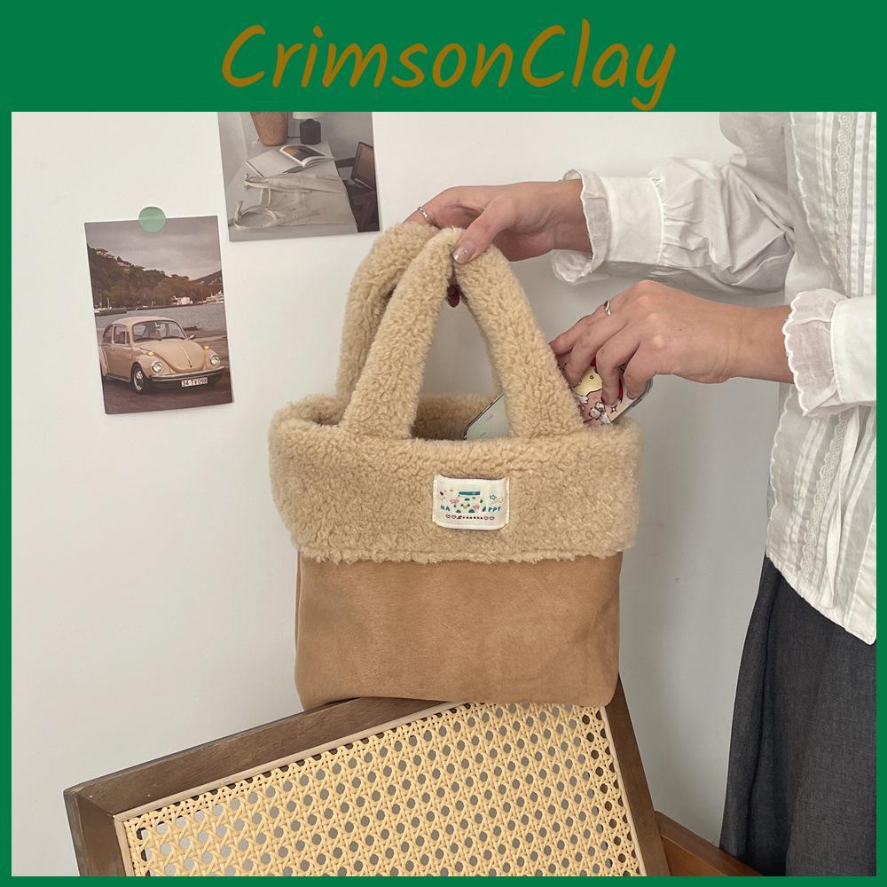 Stylish Brown Plush Tote Bag For Women Large Capacity Soft Casual Commuter Handbag