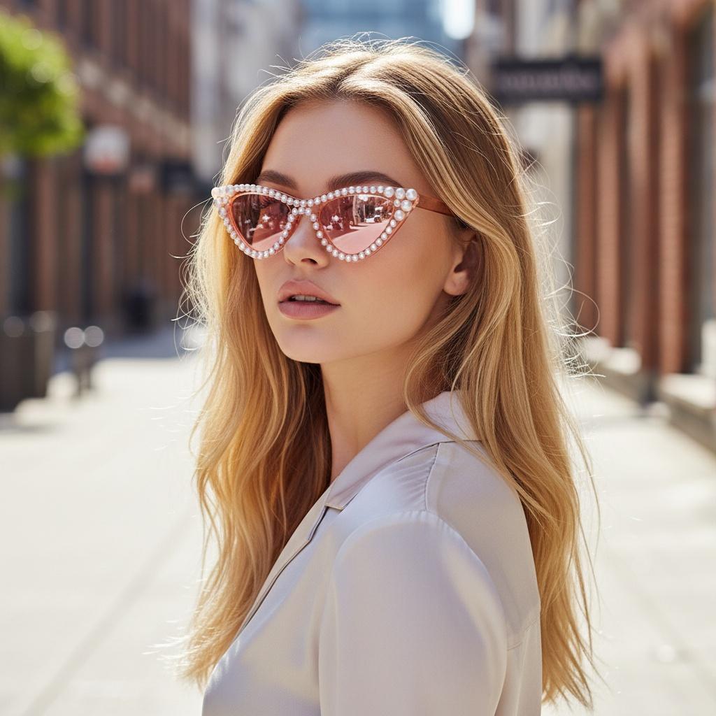 French Elegant Pearl Decorated Cat Eye Sunglasses UV400 Protection Unisex Internet Celebrity Street Shooting Sunglasses 5040
