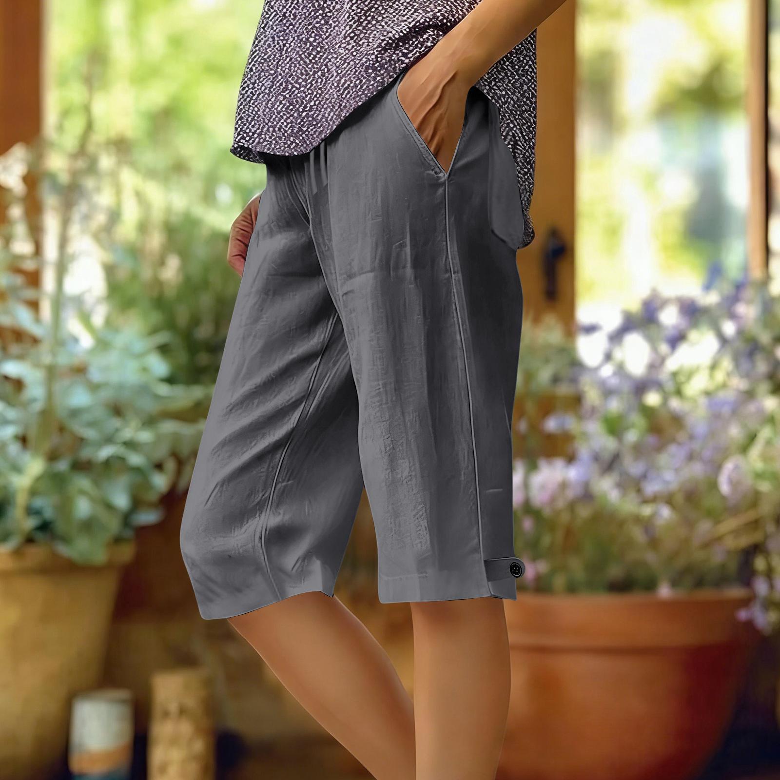 Women s Drawstring Five-point Pants, Casual Five-point Pants, Cotton And Linen With Pockets L