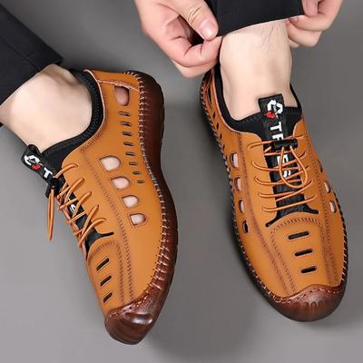 Sandálias de couro masculinas respiráveis antiderrapantes com sola de tendão de vaca sapatos casuais de couro sapatos de praia para áreas externas
