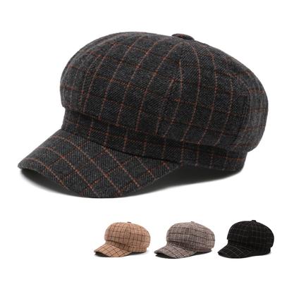 Vintage Octagonal Hat Women's Plaid Cap Wool Newsboy Hat Autumn Winter Beret Painter Hat