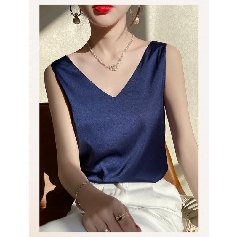 Women S Loose Fit V Neck Wide Strap Camisole French Style Ice Silk Top