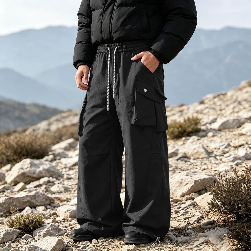 Men's Wide Leg Cargo Pants Casual Loose Fit Retro Multi-Pocket Gray Work Pants for Spring and Fall