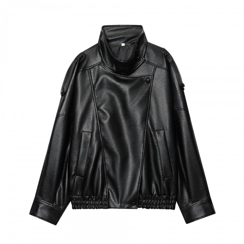 Womens Faux Leather Jacket Casual Loose Fit Square Collar Zip Up Coat
