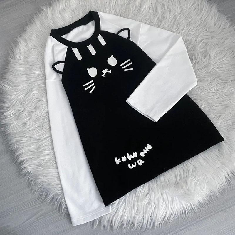 TrendHub Spring Subculture Sweet Cute Long Shirts Print Long-sleeved Loose T-shirt Woman Y2k Black White Kawaii 2000s Blouse