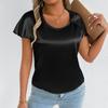 T Shirts For Women Pleated R-Neck Dressy Casual Blouses Printing Short Sleeve Summer Tops Loose Fit