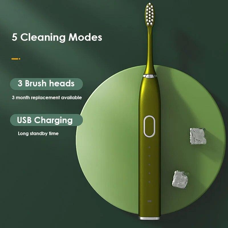 

Ультразвуковая электрическая зубная щетка, 5 режимов, USB аккумуляторная, Ipx7, водонепроницаемое отбеливание для взрослых и детей, 3 насадки для хранения, коробка для хранения D зелёный