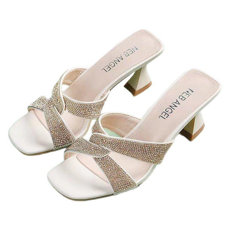 Thick-heeled slippers women's 2025 summer new sandals women's medium-heeled one-word drag fashion versatile rhinestone high-heeled cool slippers