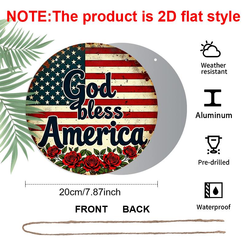 2D Flat, 1pc Heavy-Duty Retro God Bless America Round Metal Sign - Vintage Aluminum Wall Decor Suitable for Home, Office, Garage, 4th of July Gift