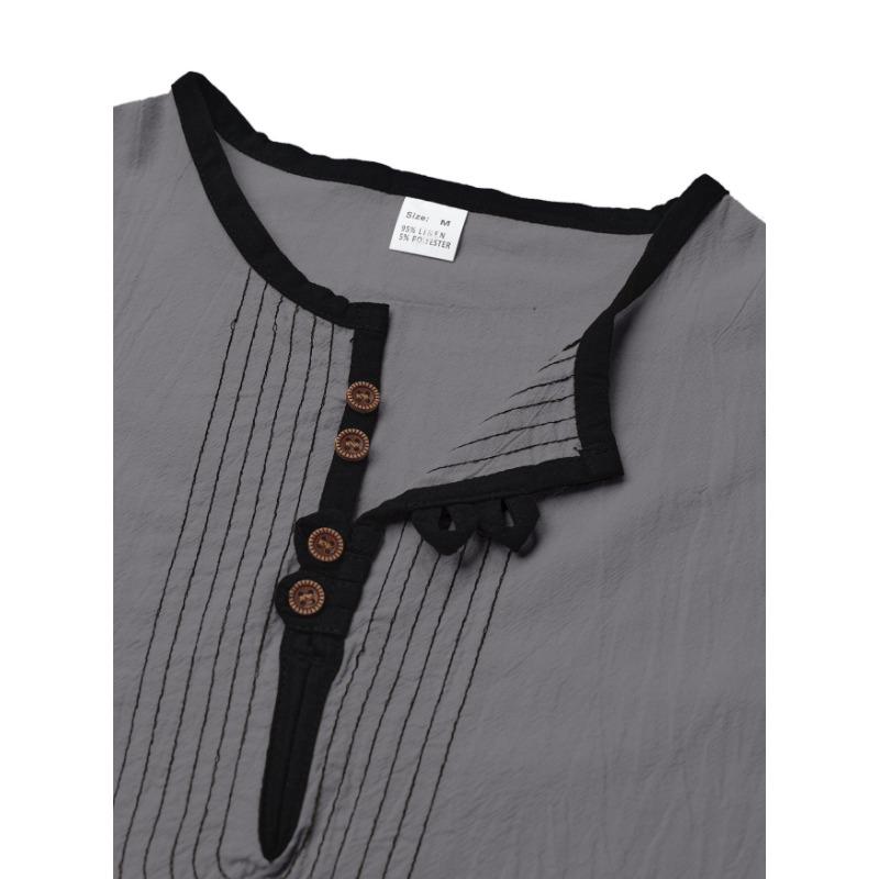 Men's Casual Henley Neck Long Sleeve Tunic Top with Pleated Detail