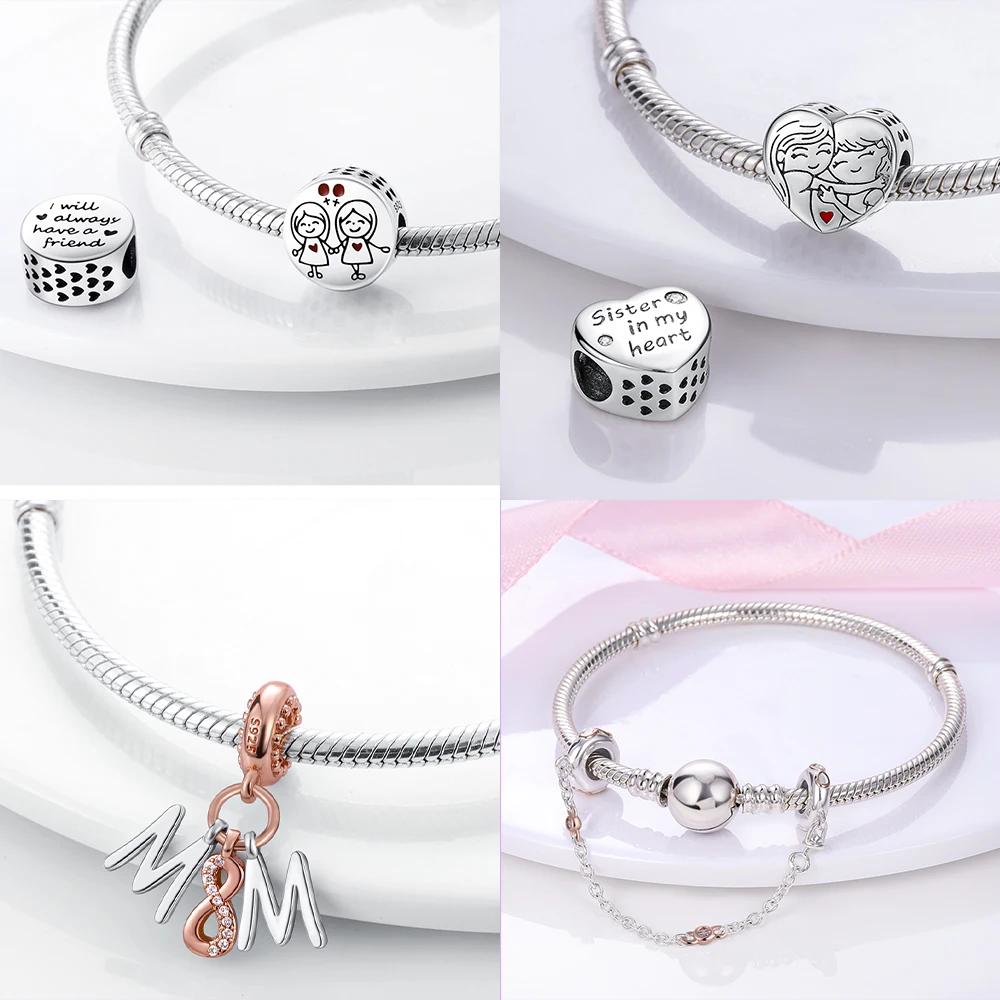 Original Copper Pink Family Love Heart Charm Beads Fit Pan Bracelet Diy Sister Mother Friendship Pendant Fine Gift Jewelry