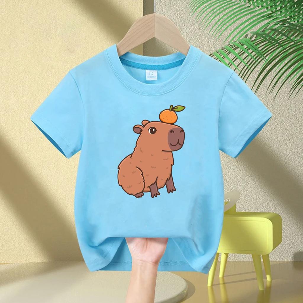 Cute Capybara Children's T-shirt Love Bubble Balloon Print Summer Children's Cotton Short-sleeved Casual Tops Boys Girls Birthda