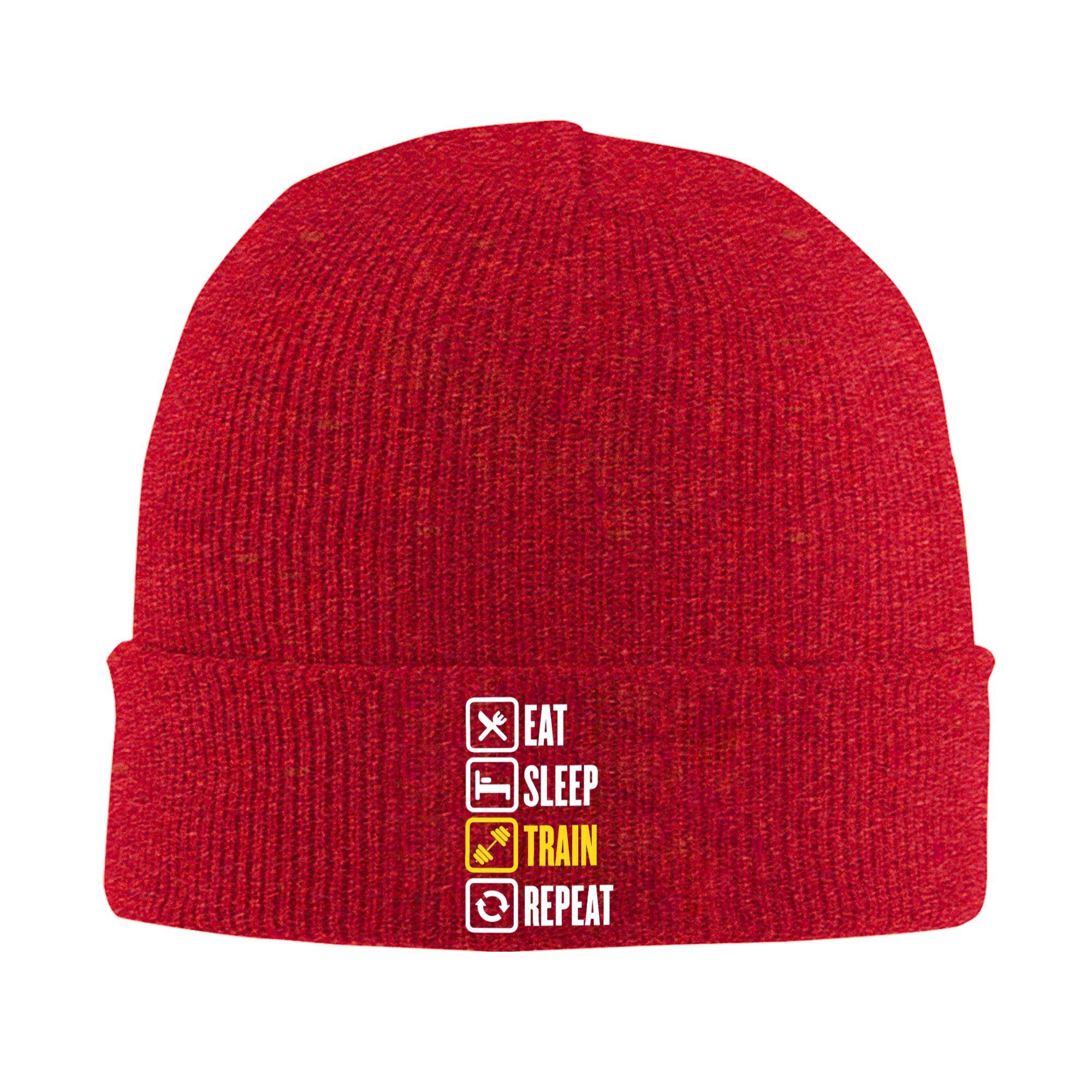 

Eat Sleep Train Repeat Gym Motivational Quote Winter Skullies Beanies Hat Warm Autumn Knitted Hats Bonnet Caps for Women Unisex One Size