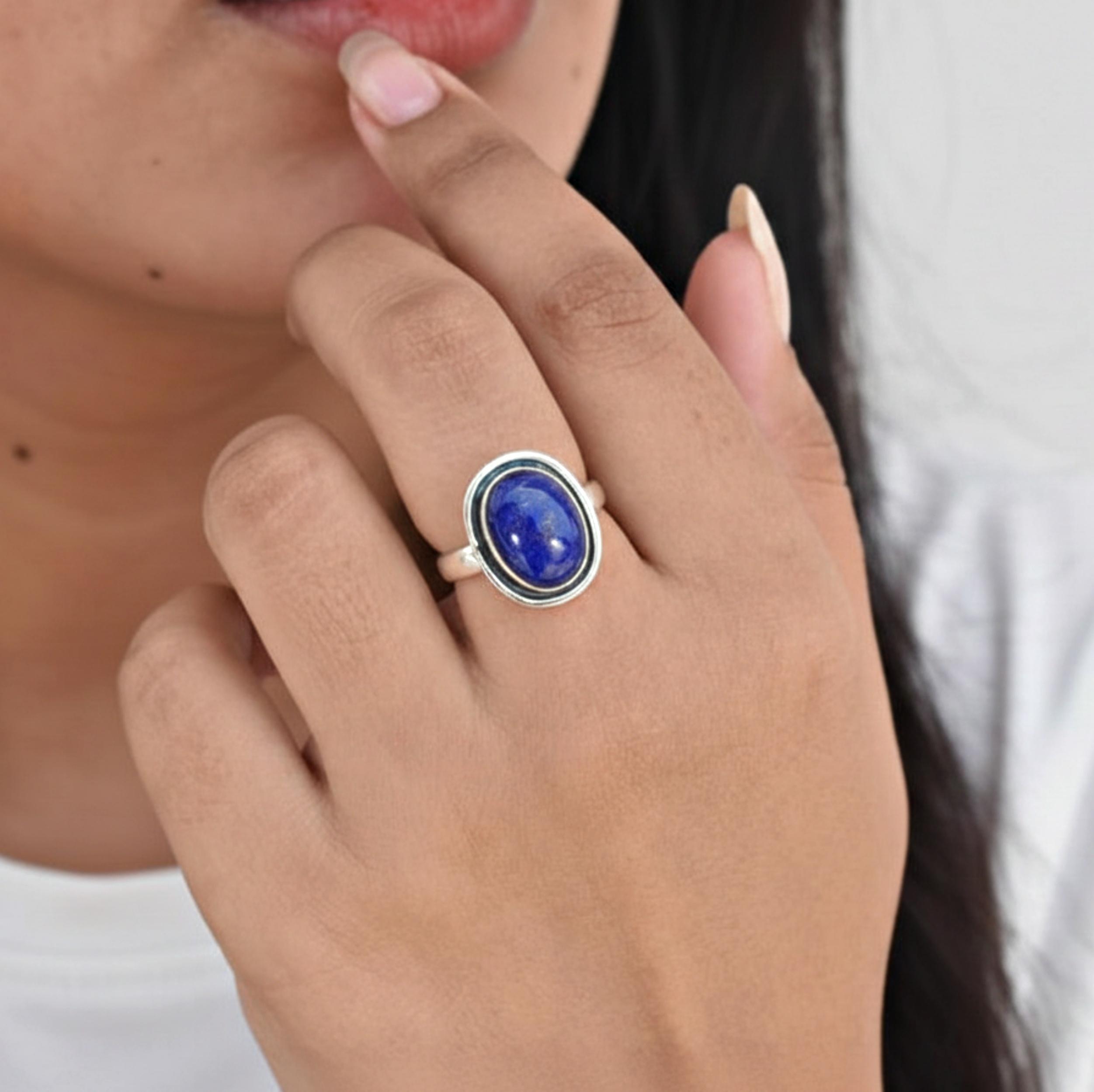 

Lapis Lazuli Oval Statement Ring, 925 Sterling Silver, Minimalist Bohemian Ring for Women 12